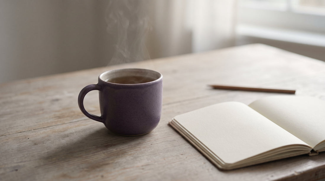 A mug of tea and an open notebook on a desk in soft, hazy afternoon light