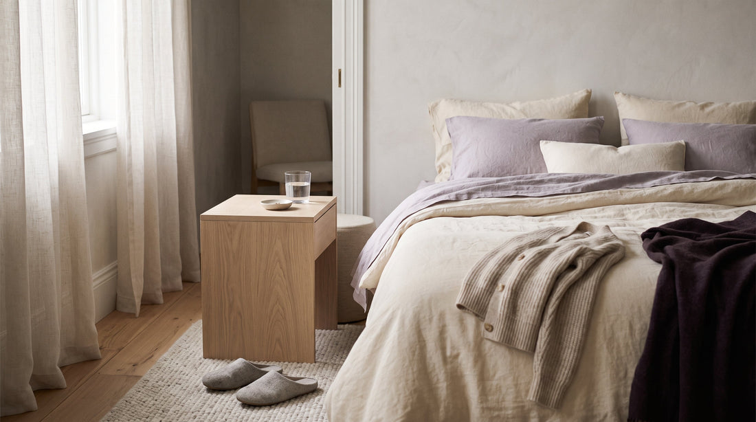 A neatly made bed with cream and lavender linens and a sliver of morning light