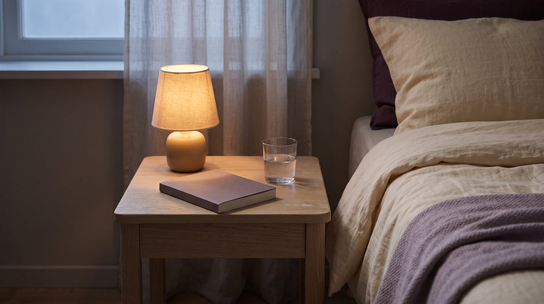 A bedside table with a dim lamp, a closed book and a glass of water in a calm, dark room