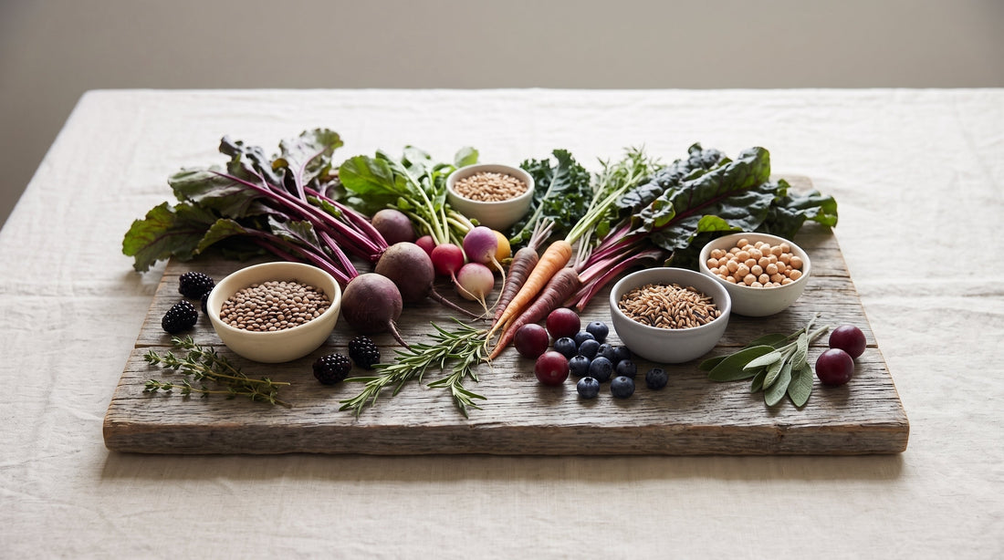A wooden board with colorful vegetables, legumes, whole grains, berries and herbs