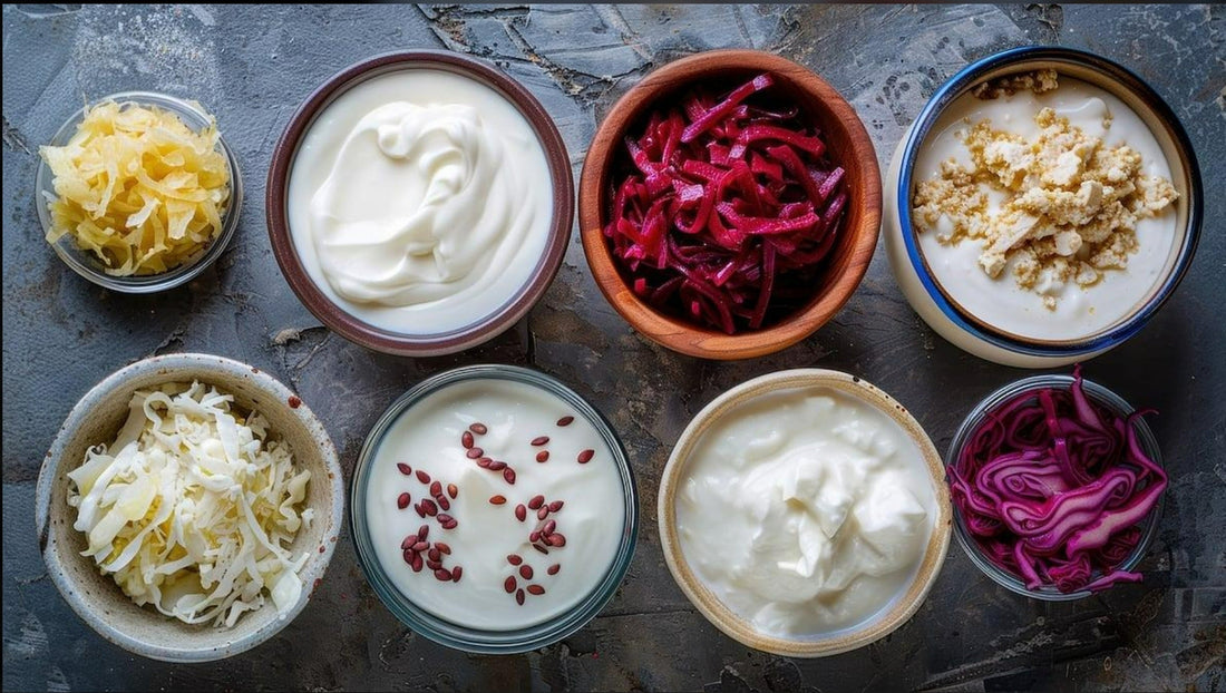 Top-down view of eight small bowls filled with fermented foods, including yogurt, sauerkraut, and pickled red cabbage, arranged on a dark stone background.