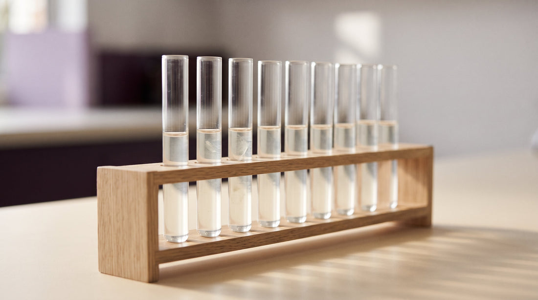 A wooden rack of glass test tubes, each holding a slightly different pale-tinted liquid