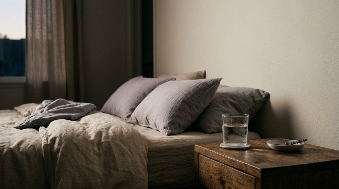 Serene pre-dawn bedside with soft linen and a glass of water
