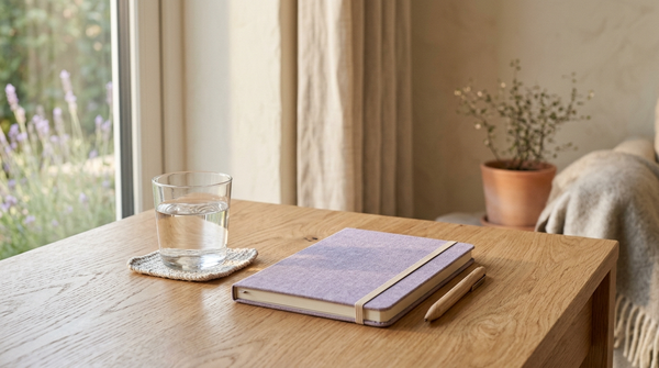 Warm late-afternoon light across a calm desk corner — steady energy
