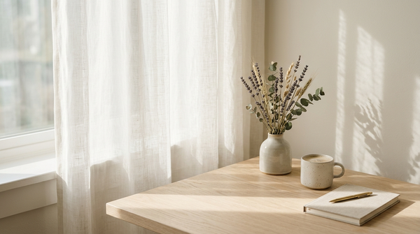 Morning light through a sheer linen curtain on a clean surface