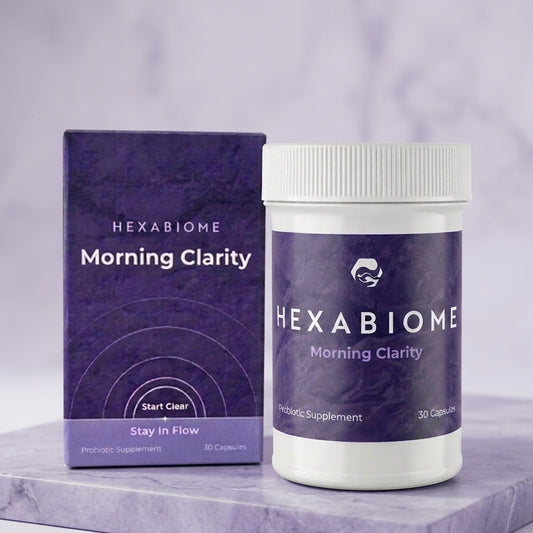 Front of Hexabiome Morning Clarity probiotic supplement bottle and carton.