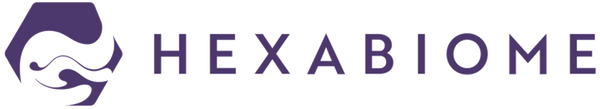 Hexabiome logo featuring a stylized purple hexagonal emblem with a wave-like abstract design next to the brand name 'HEXABIOME' in uppercase letters, on a solid white background.