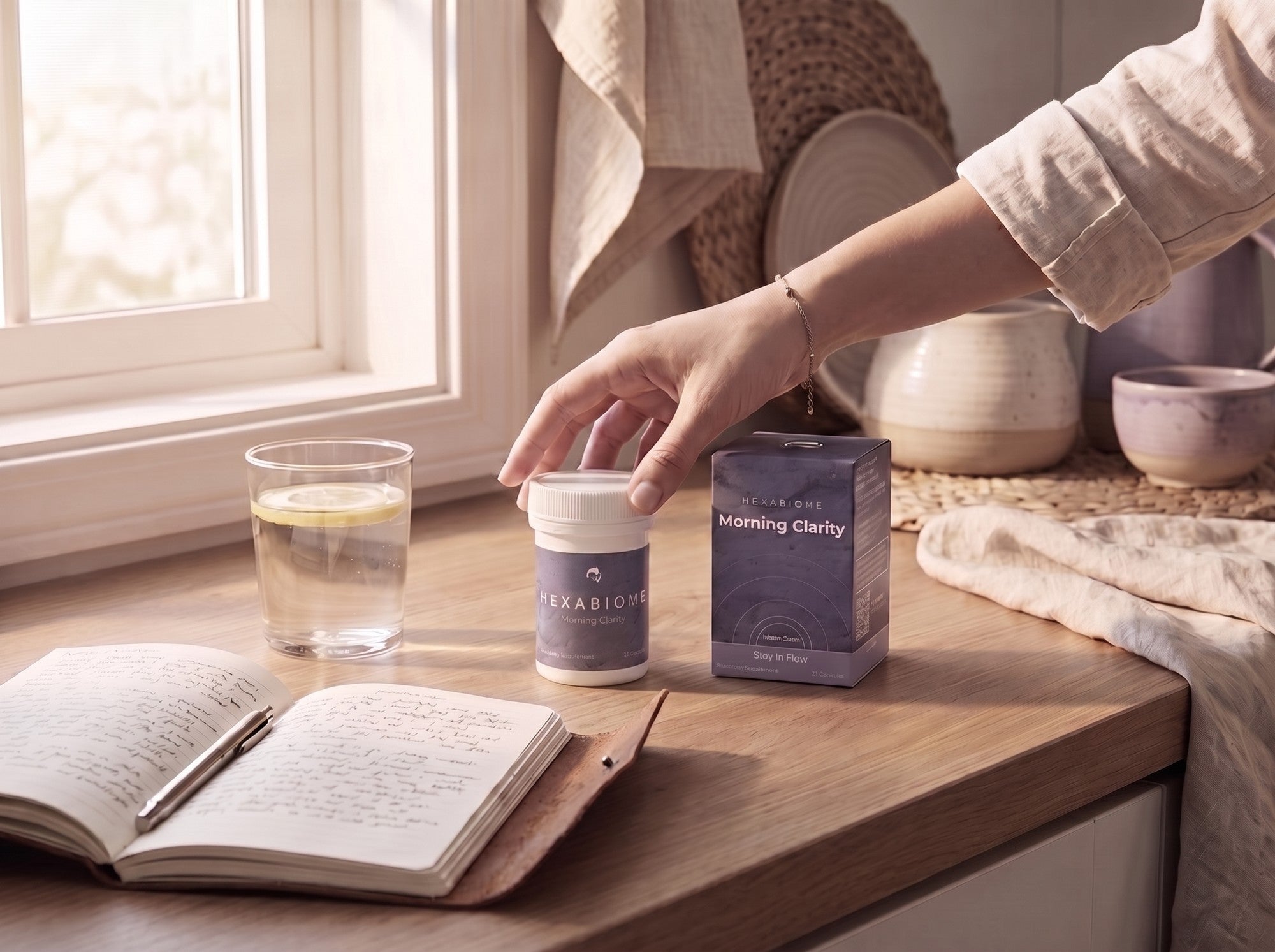 A hand reaching toward Hexabiome on a wooden countertop at dawn — water glass, journal, morning ritual