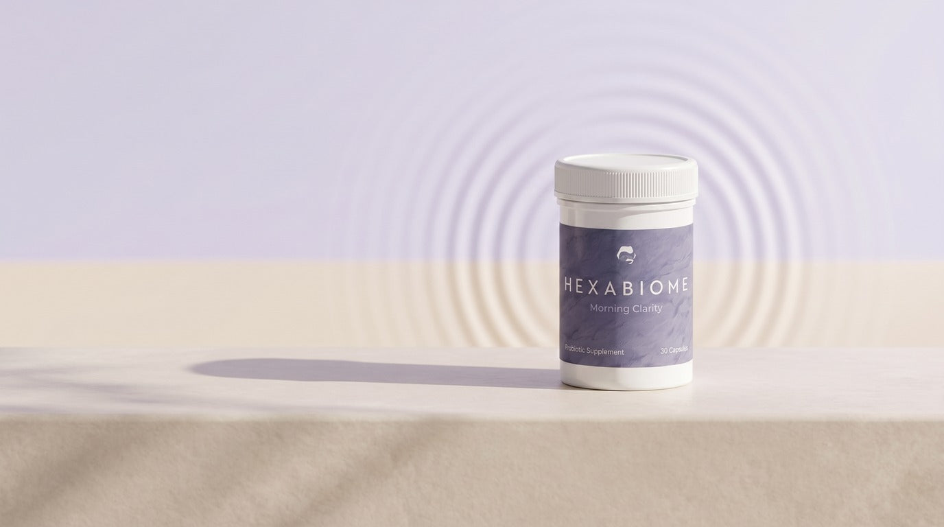 Hexabiome Morning Clarity supplement bottle against a calm pale-lavender morning sky.