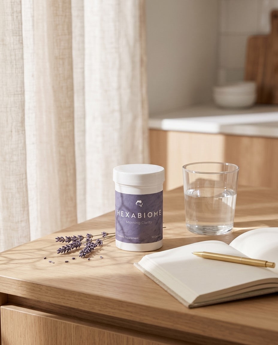 Hexabiome Morning Clarity probiotic bottle placed beside a glass of water on a sunlit morning counter