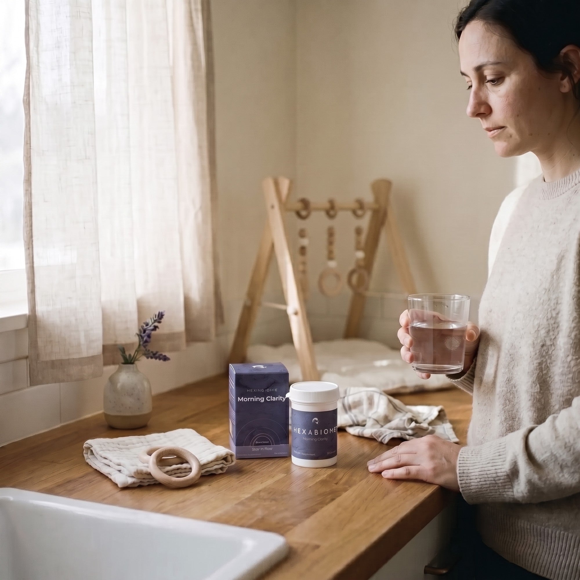 Sunlit kitchen counter with warm water and Morning Clarity